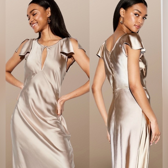 NWTS🌹THE OCCASION L🌹ELITE LINE CHAMPAGNE SATIN FLUTTER SLEEVE FITTED MIDI MAXI - Picture 1 of 16
